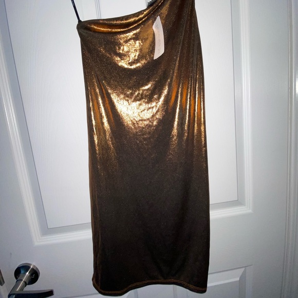One shoulder bronze mini dress, fits like a glove. Size Small. Worn once. - Picture 3 of 6
